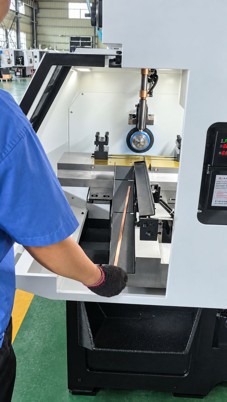 Loading a long copper rotor bar into the feeding magazine