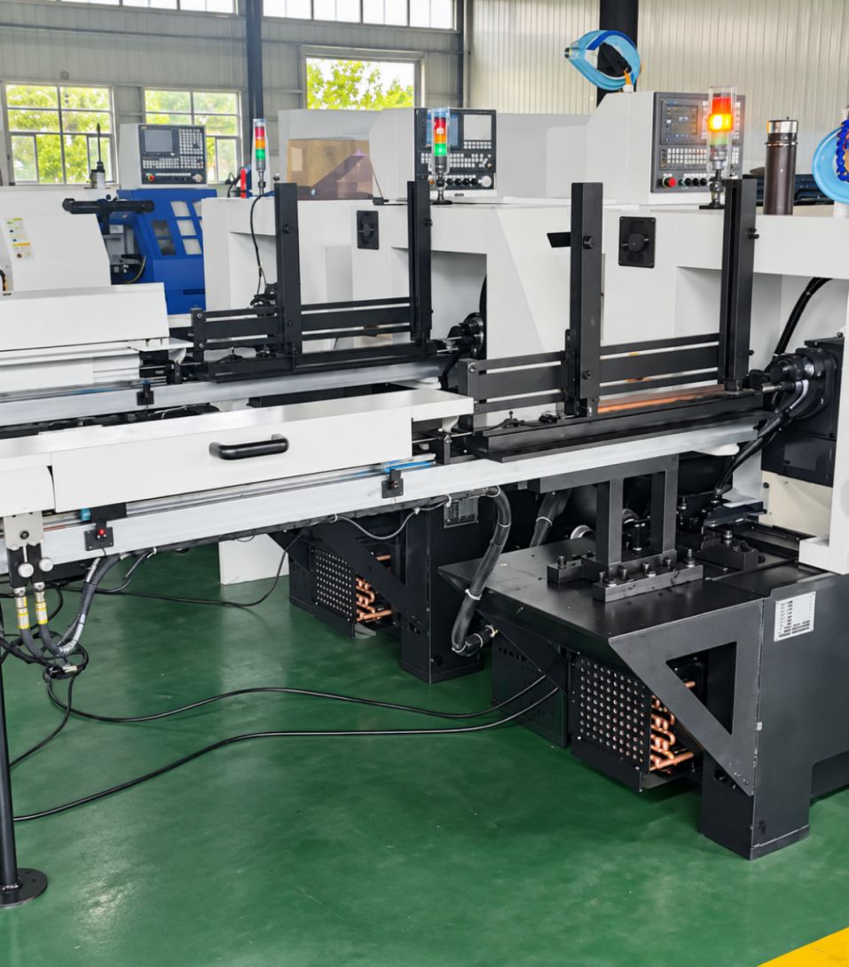 Two automatic feeding CNC lathes arranged in sequence